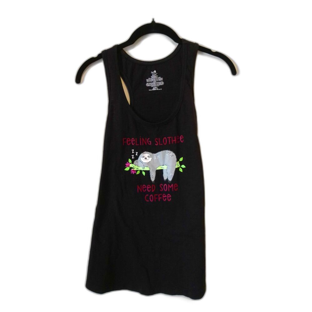 Women's NWOT Sloth Coffee Tank Top 'Feeling Slothee Need Some Coffee' Medium Blk